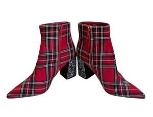 Betsey Johnson Red Plaid Rhinestone Kassie Boots NWOT